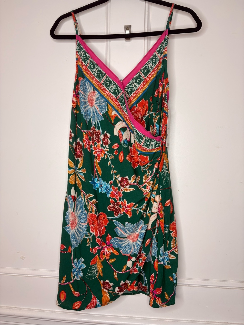 Urban Outfitters Green Floral Wrap Mini Dress with Pink Trim